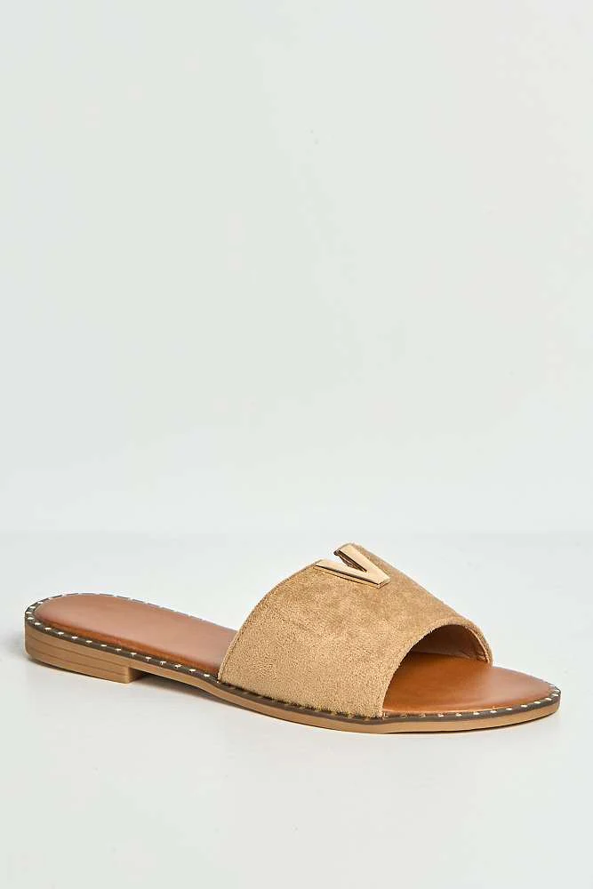 Veena V-Detail Slip-On Sliders in Taupe Suede - Image 4