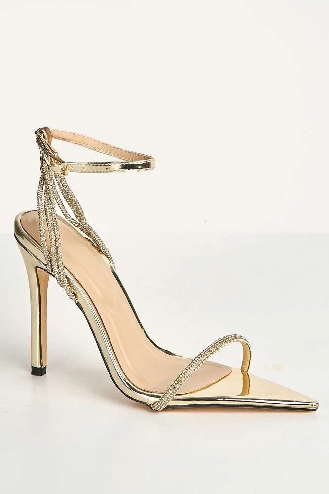 Vela Pointy Toe 3 Diamante Strap Heeled Sandals in Gold - Image 4