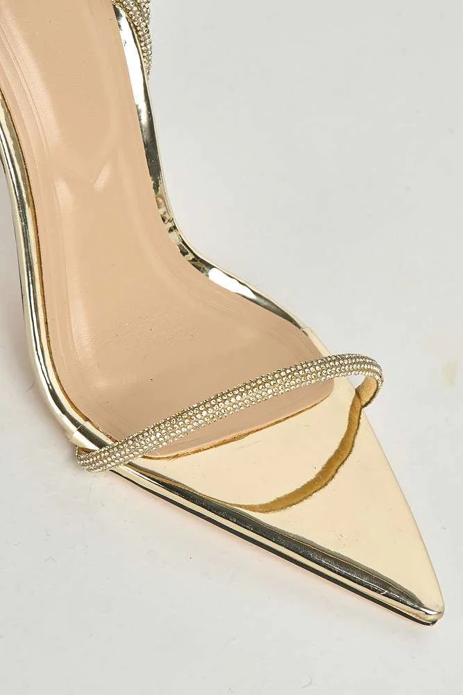 Vela Pointy Toe 3 Diamante Strap Heeled Sandals in Gold - Image 5