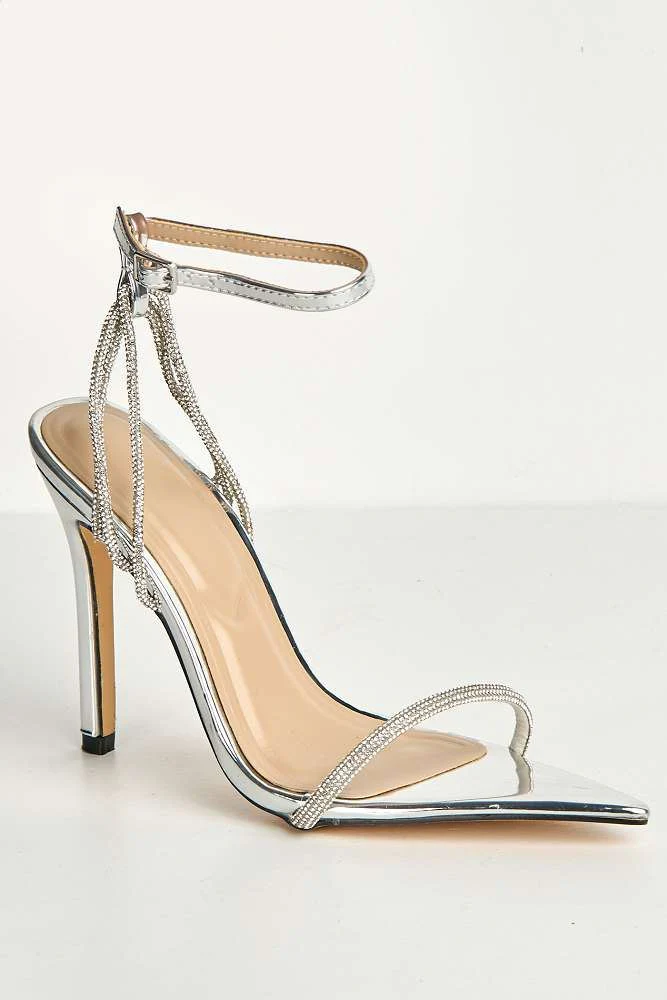 Vela Pointy Toe 3 Diamante Strap Heeled Sandals in Silver - Image 4
