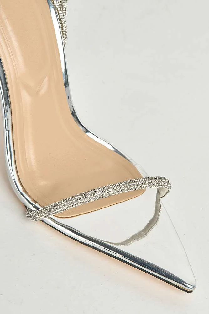 Vela Pointy Toe 3 Diamante Strap Heeled Sandals in Silver - Image 5