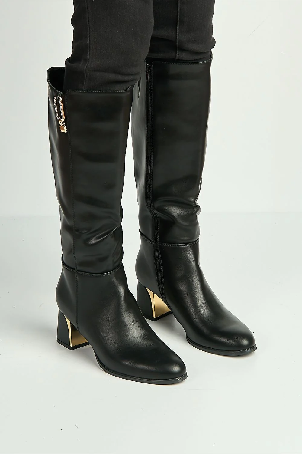 Vera Diamante Detail Gold Trim Knee High Boots in Black - Image 2