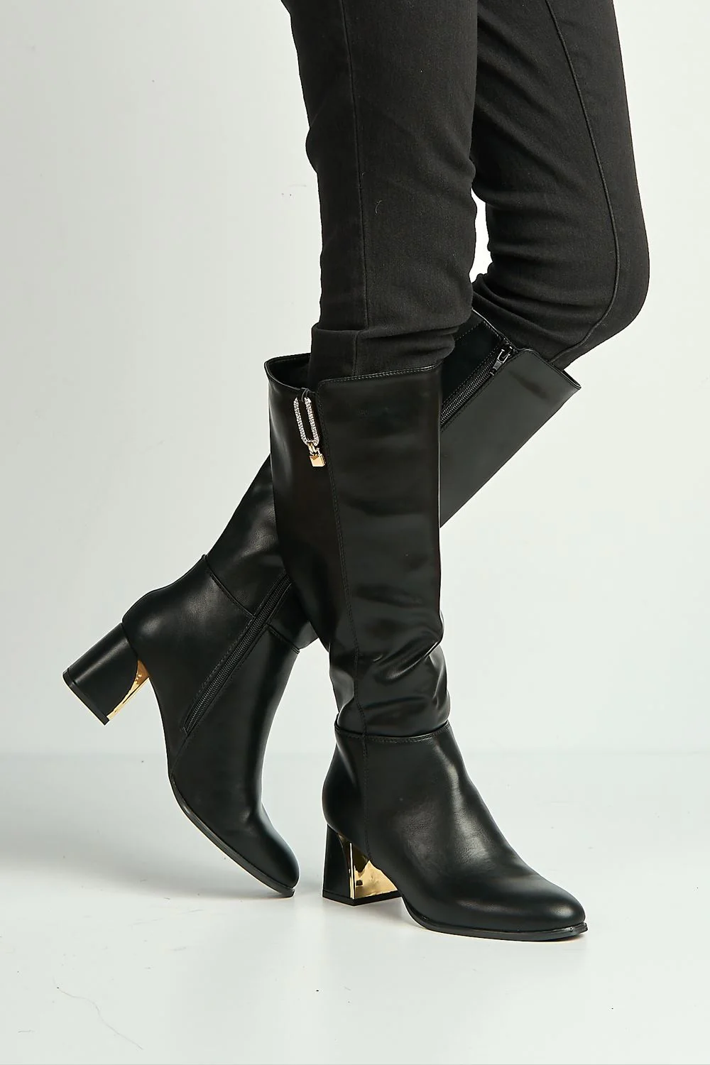 Vera Diamante Detail Gold Trim Knee High Boots in Black - Image 3