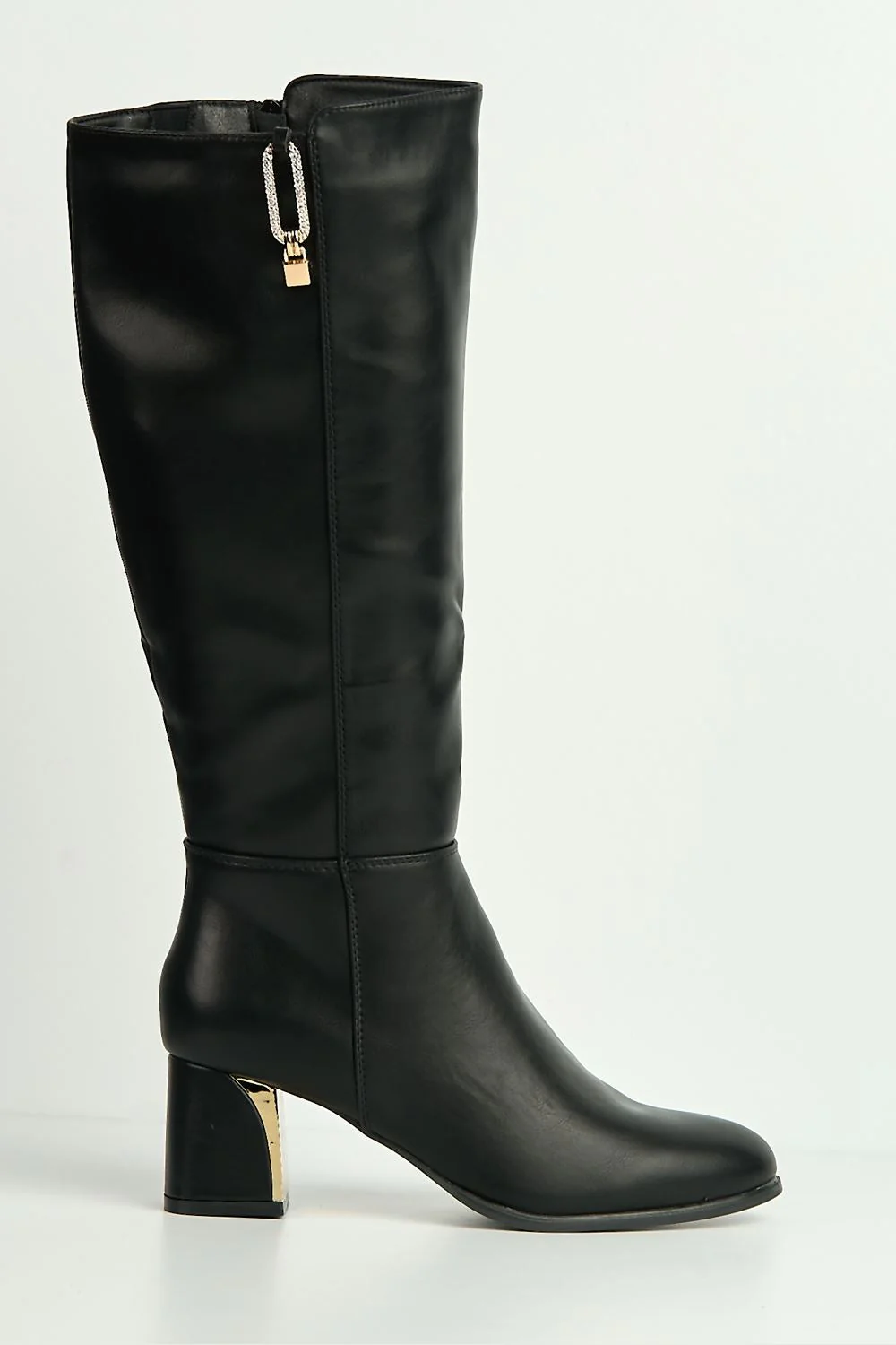 Vera Diamante Detail Gold Trim Knee High Boots in Black - Image 5