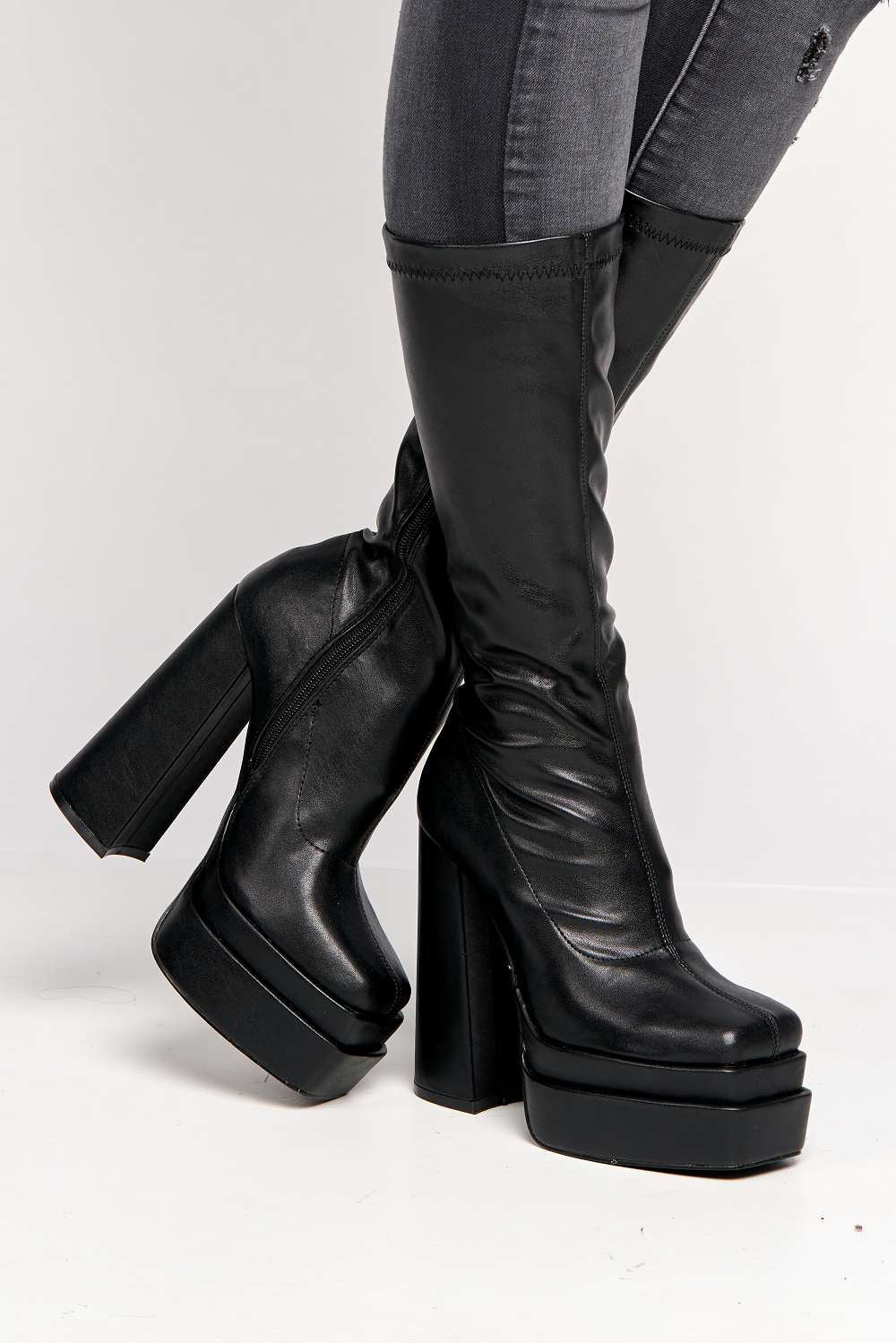 Veraya Square Toe Platform Block Heel Calf Boots in Black