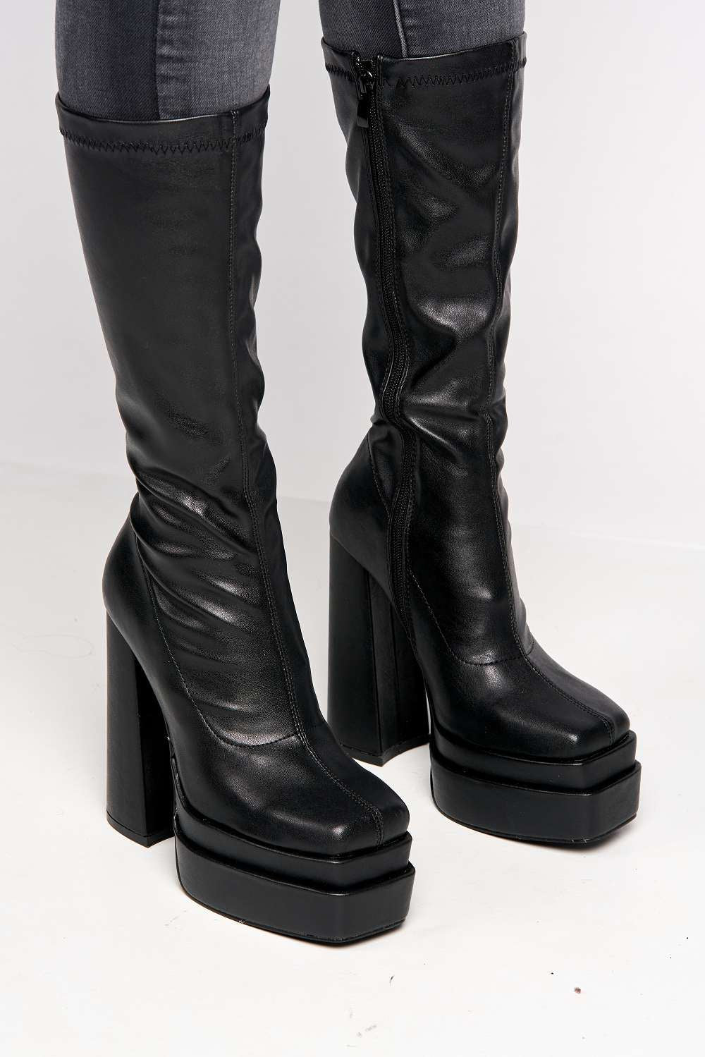 Veraya Square Toe Platform Block Heel Calf Boots in Black - Image 2