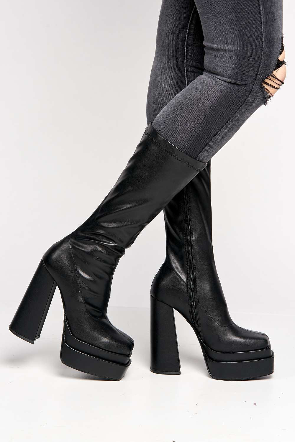 Veraya Square Toe Platform Block Heel Calf Boots in Black - Image 3