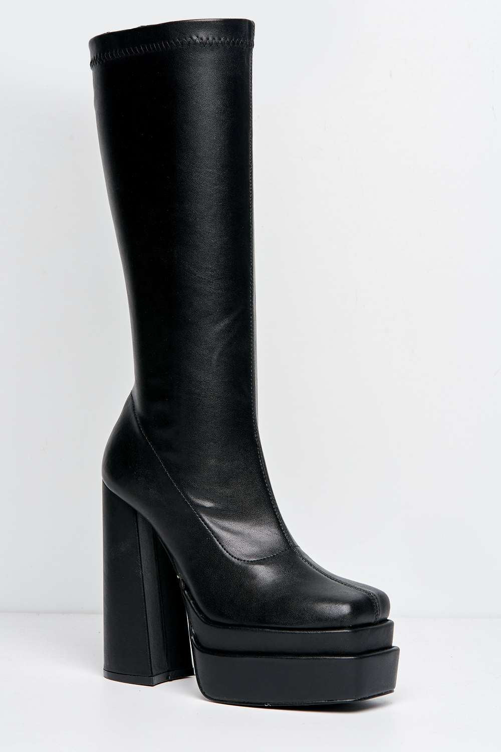 Veraya Square Toe Platform Block Heel Calf Boots in Black - Image 4