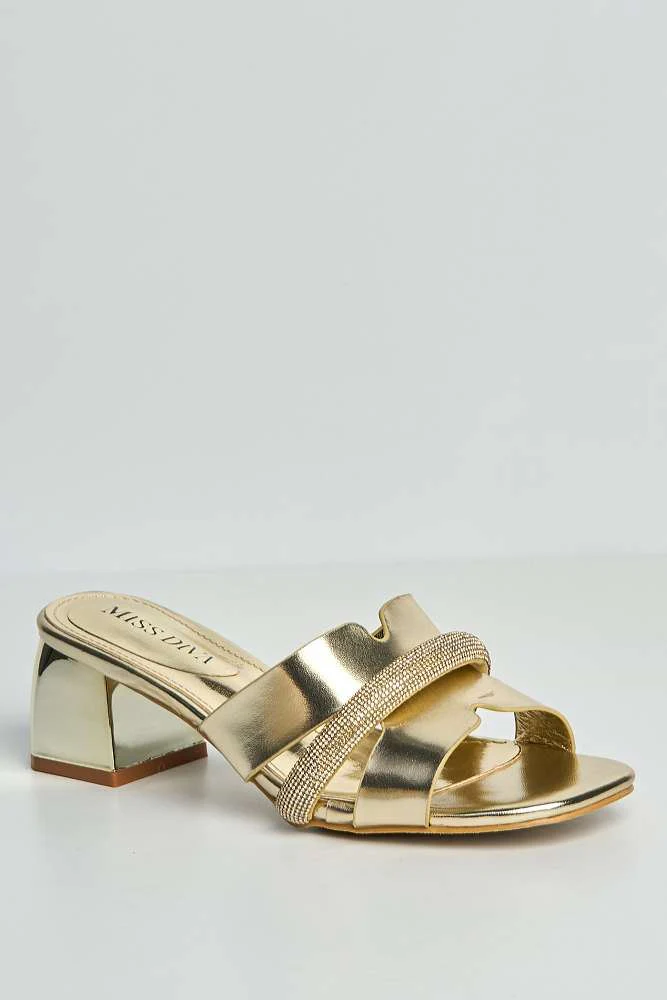 Vivian Cutout Diamante Band Block Heel Mules in Gold - Image 4