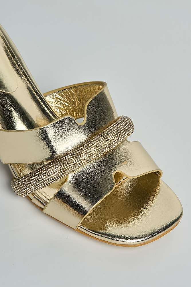 Vivian Cutout Diamante Band Block Heel Mules in Gold - Image 5