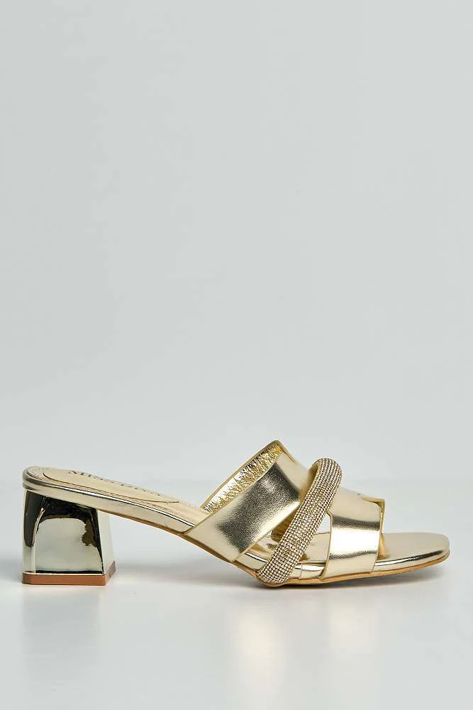 Vivian Cutout Diamante Band Block Heel Mules in Gold - Image 6
