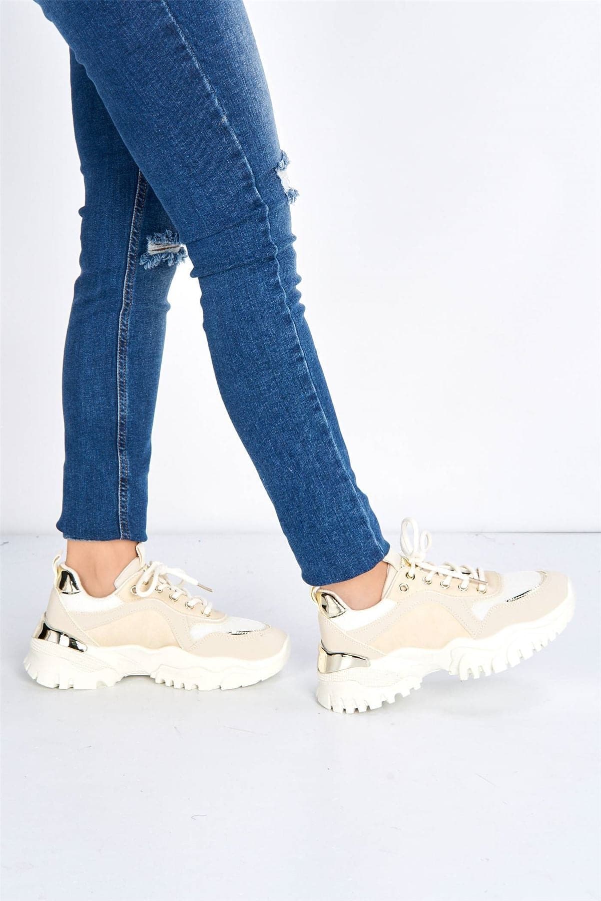 Volos Chunky Sole Gold Trim Trainer in Beige - Image 3