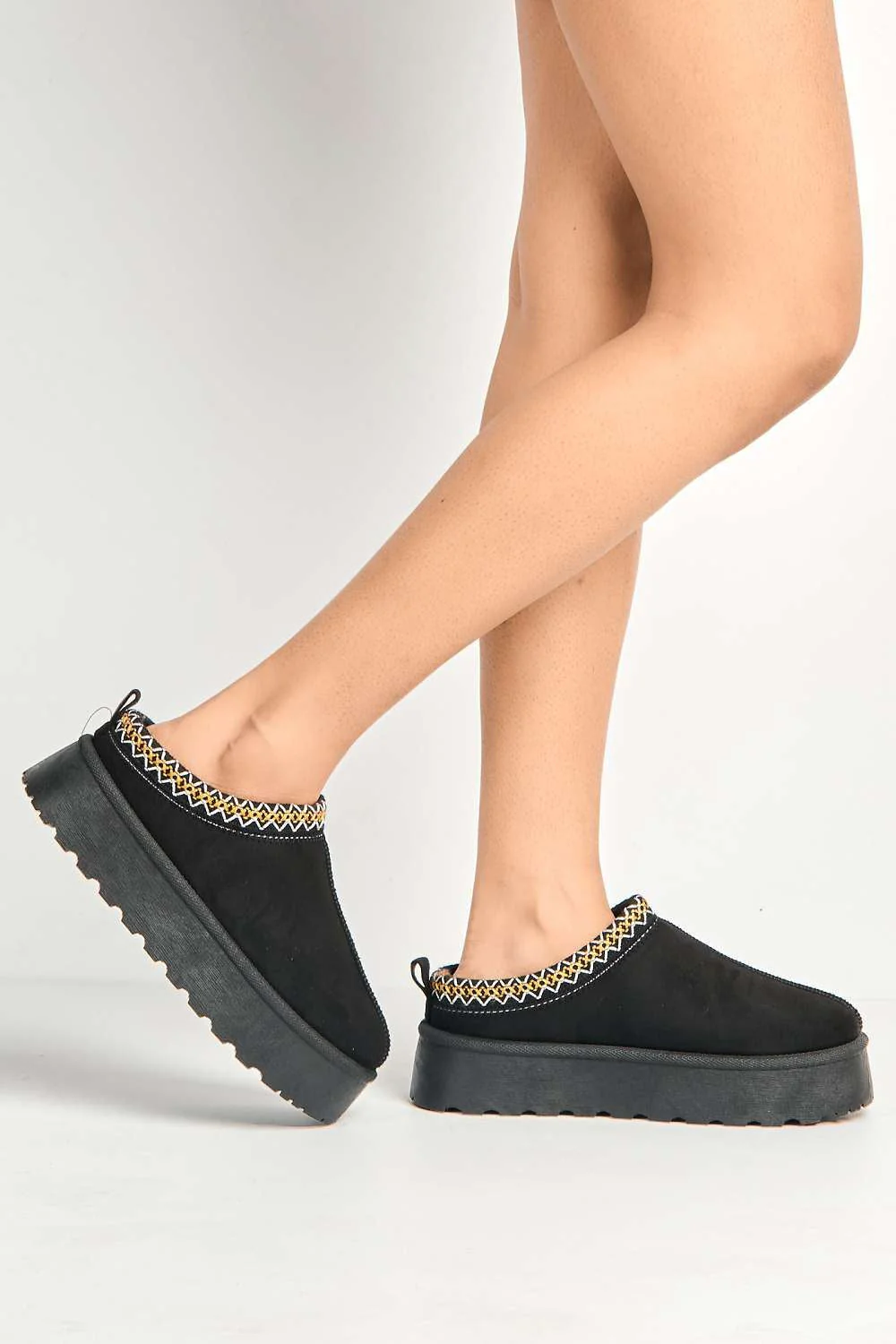 Astri Faux Fur Lining Knit Pattern Detail Flatform Slippers in Black - Image 2