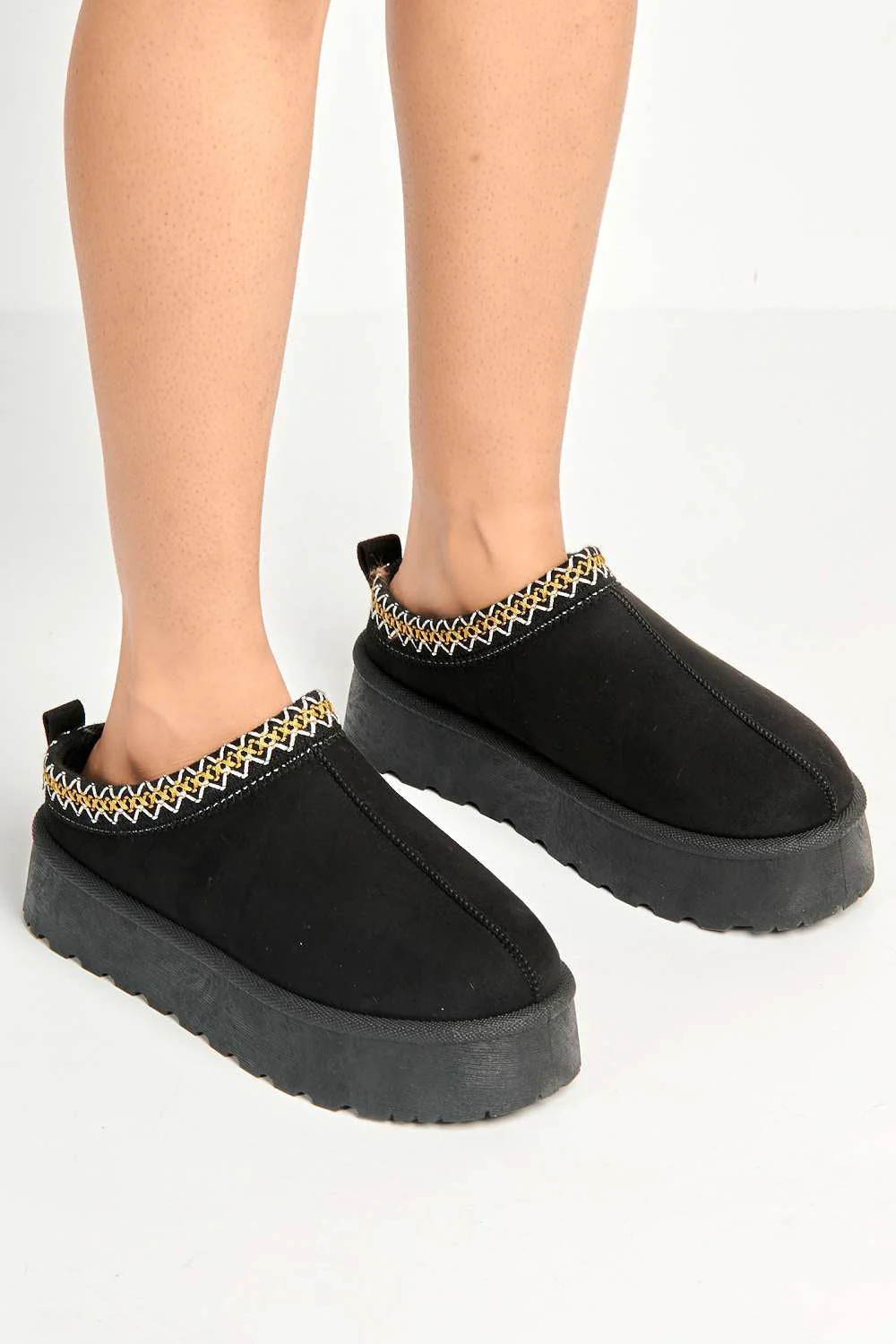 Astri Faux Fur Lining Knit Pattern Detail Flatform Slippers in Black - Image 3