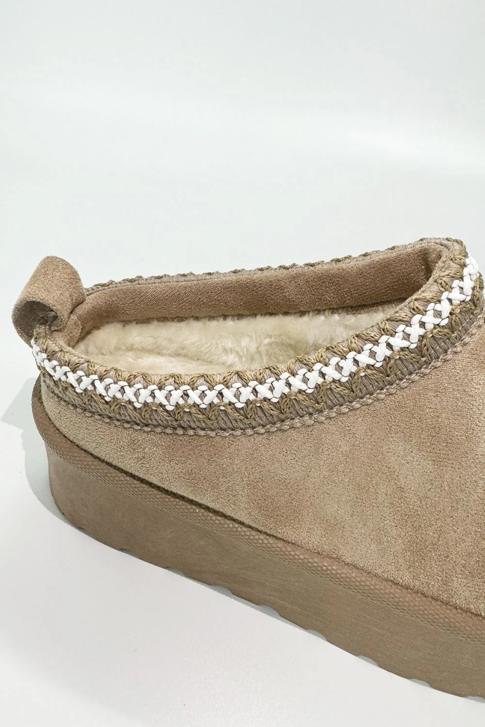 Astri Faux Fur Lining Knit Pattern Detail Flatform Slippers in Sand - Image 5