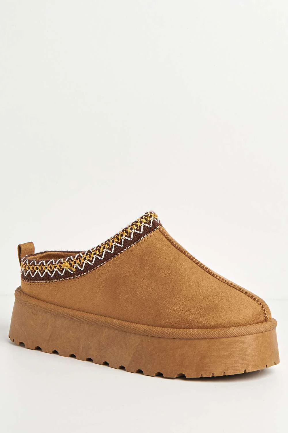 Astri Faux Fur Lining Knit Pattern Detail Flatform Slippers in Camel - Image 4