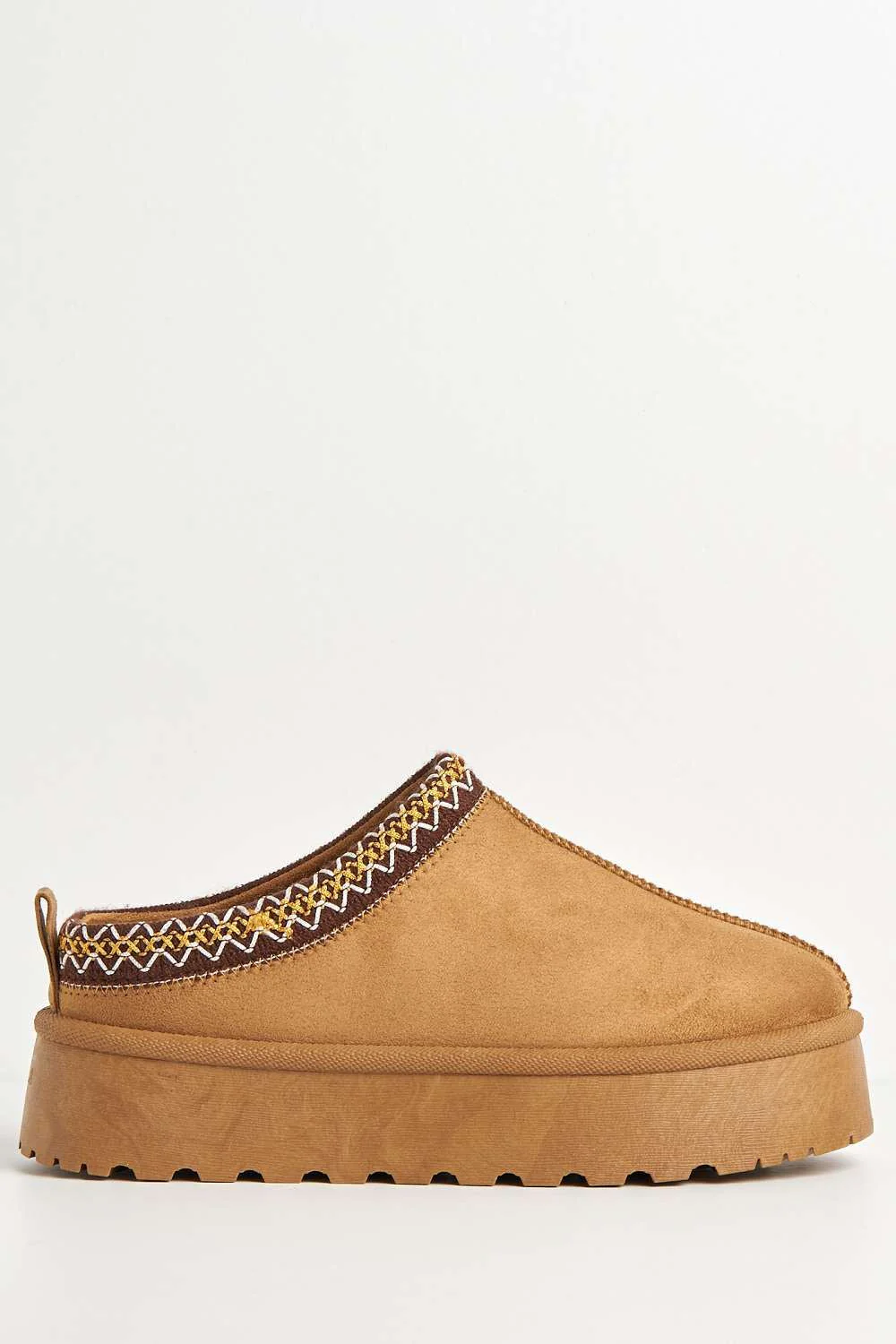 Astri Faux Fur Lining Knit Pattern Detail Flatform Slippers in Camel - Image 5