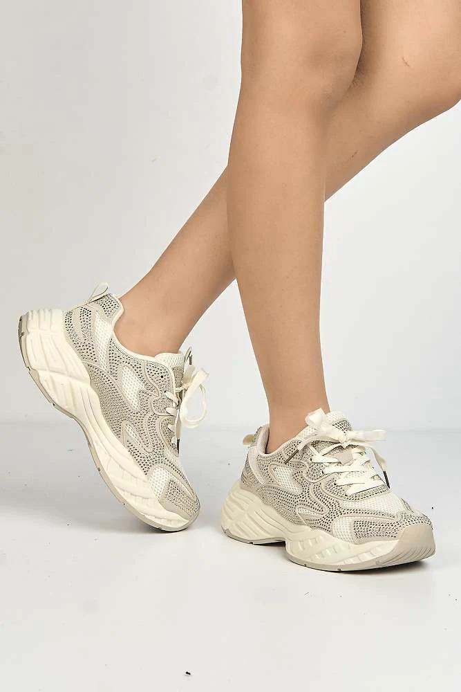 Wila Gemstone Embellished Lace Up Trainers in Beige - Image 2