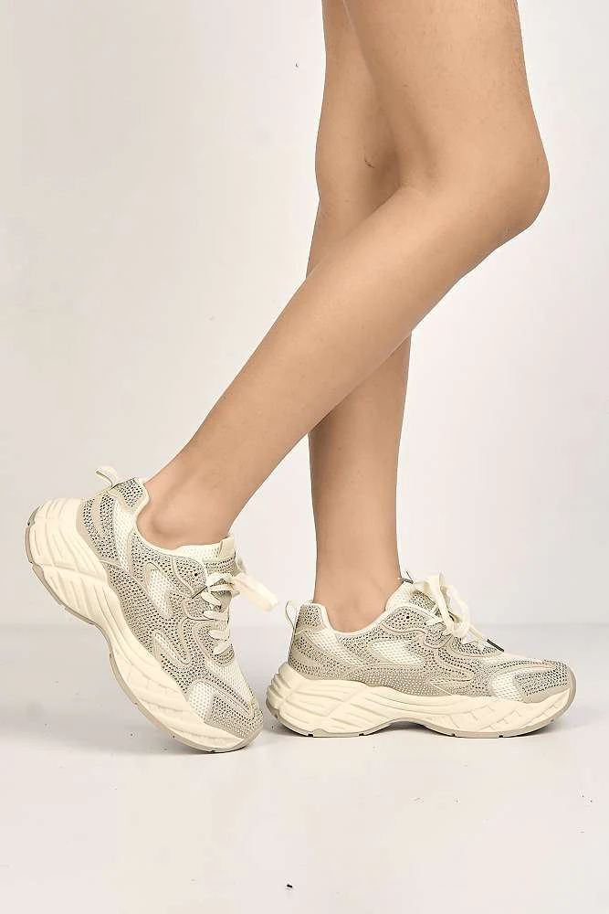 Wila Gemstone Embellished Lace Up Trainers in Beige - Image 3