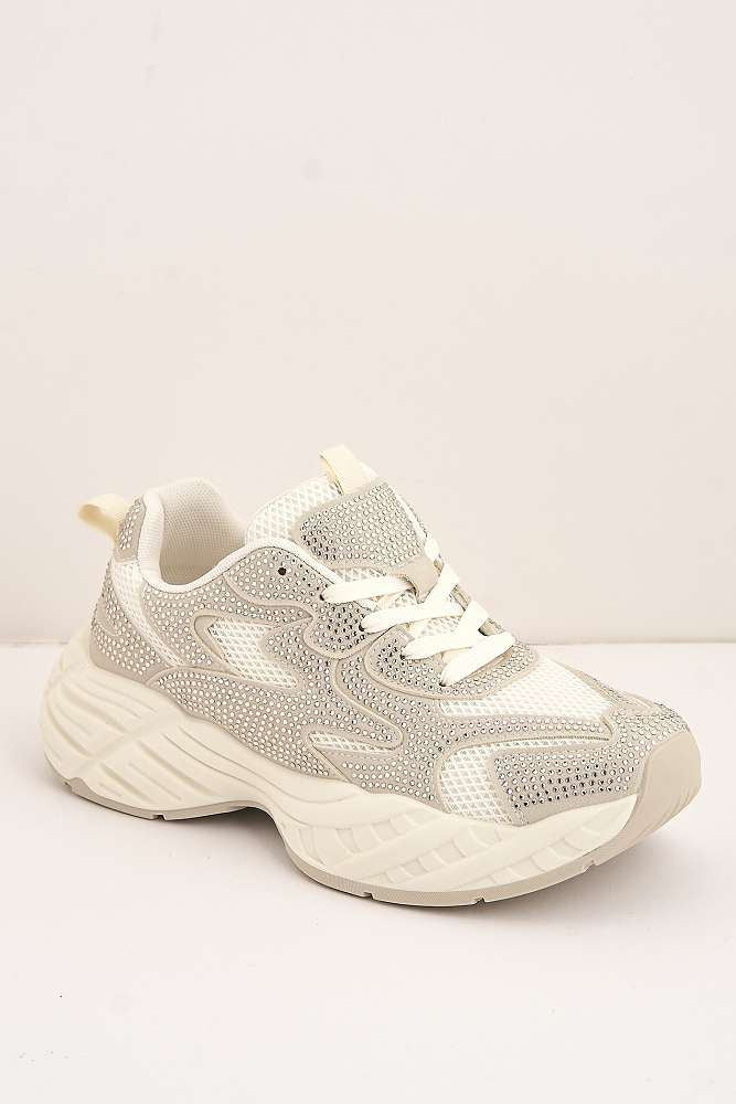 Wila Gemstone Embellished Lace Up Trainers in Beige - Image 4