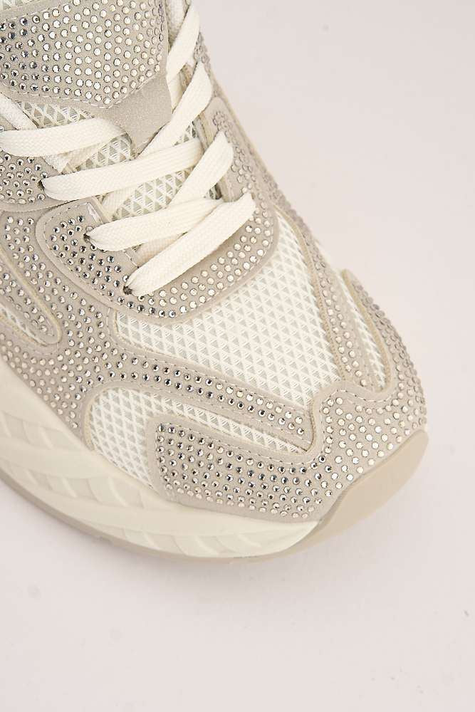 Wila Gemstone Embellished Lace Up Trainers in Beige - Image 5