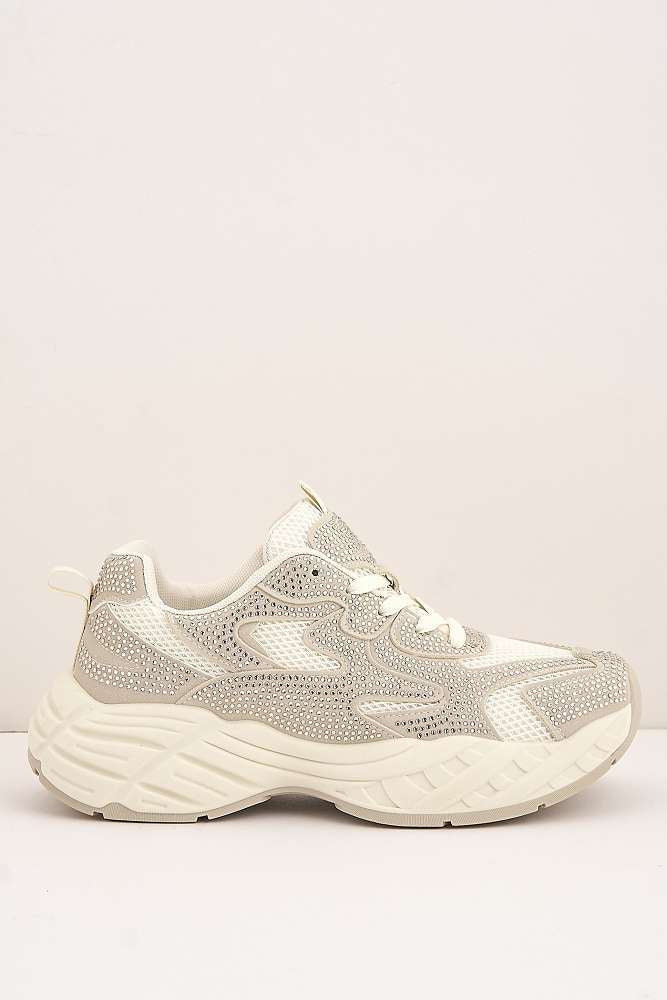 Wila Gemstone Embellished Lace Up Trainers in Beige - Image 6