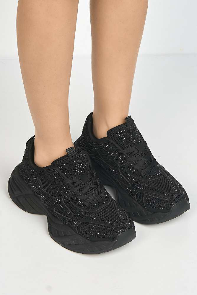 Wila Gemstone Embellished Lace Up Trainers in Black