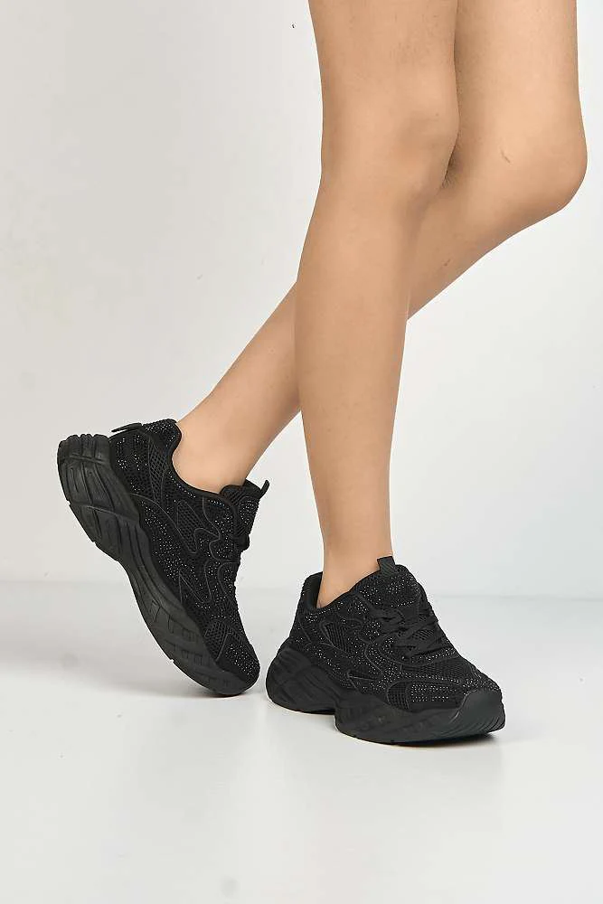 Wila Gemstone Embellished Lace Up Trainers in Black - Image 2