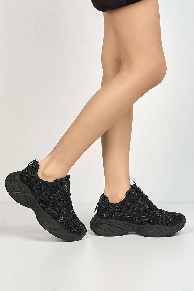 Wila Gemstone Embellished Lace Up Trainers in Black - Image 3