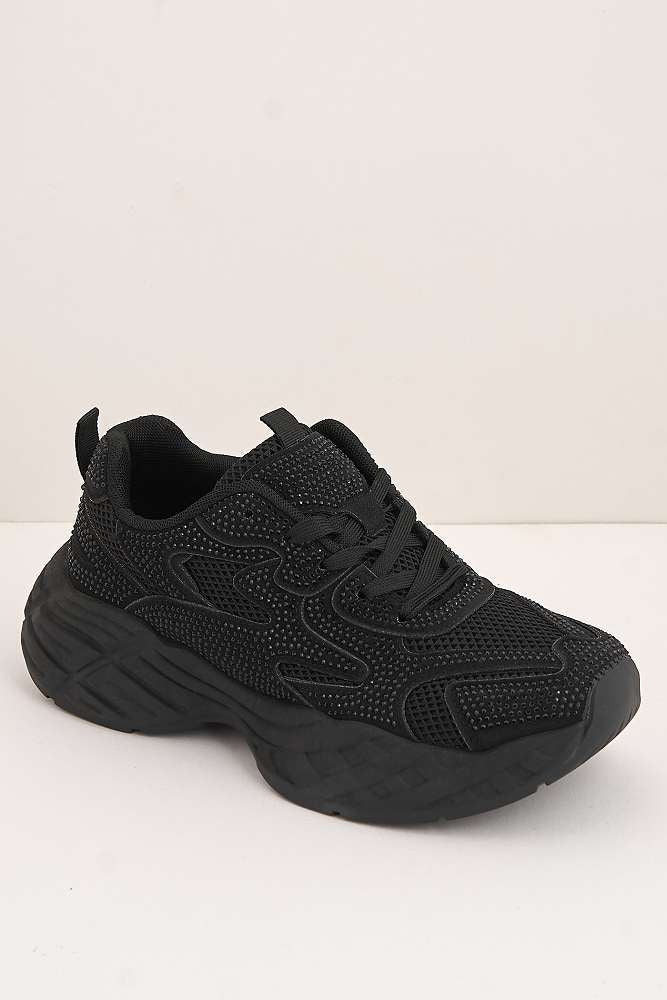 Wila Gemstone Embellished Lace Up Trainers in Black - Image 4
