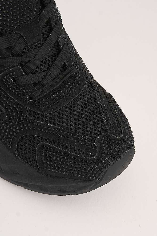 Wila Gemstone Embellished Lace Up Trainers in Black - Image 5