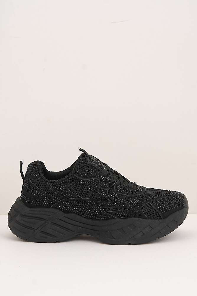 Wila Gemstone Embellished Lace Up Trainers in Black - Image 6