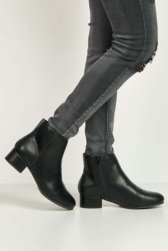Wila Round Toe Low Block Heel Ankle Boots in Black Matt - Image 3