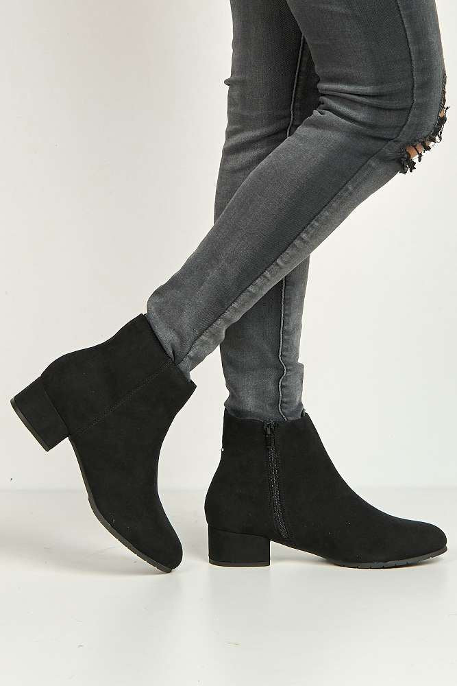 Wila Round Toe Low Block Heel Ankle Boots in Black Suede - Image 3