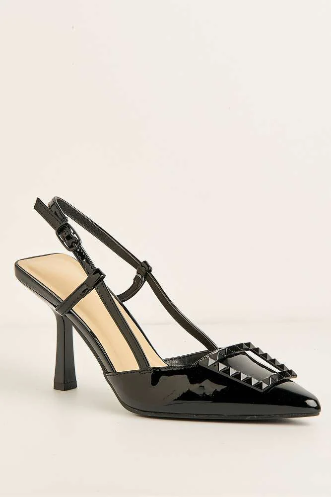 Wisteria Studded Brooch Detail Slingback Heel Court Shoes in Black - Image 4