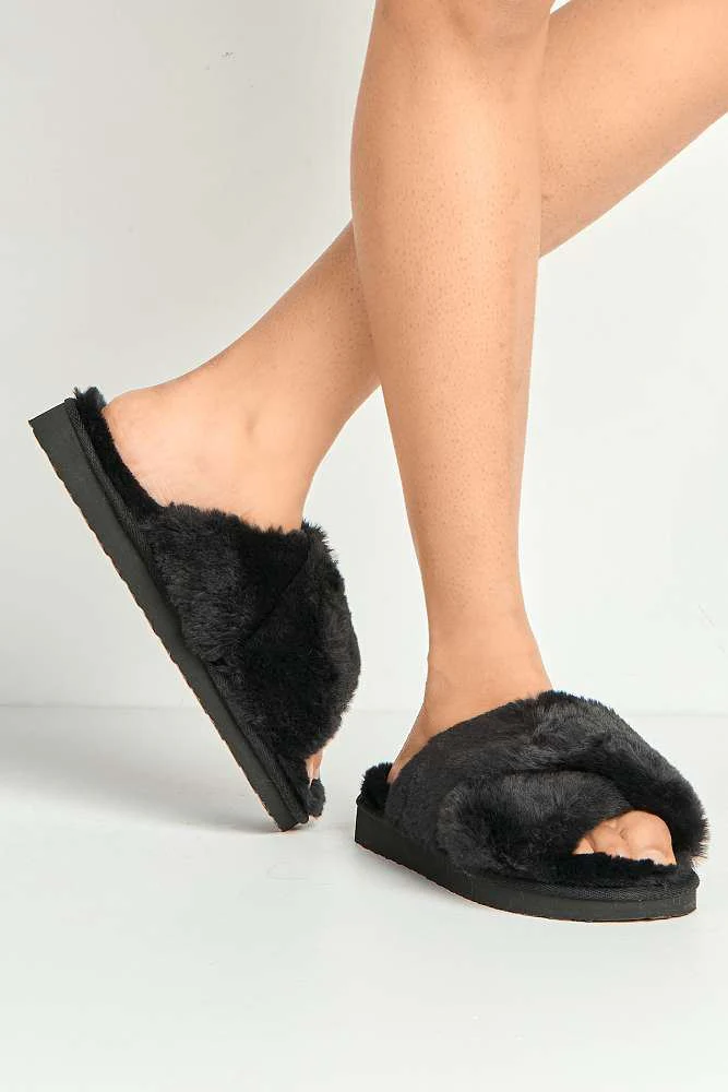 Wren Fluffy Crossover Strap Slippers in Black - Image 2