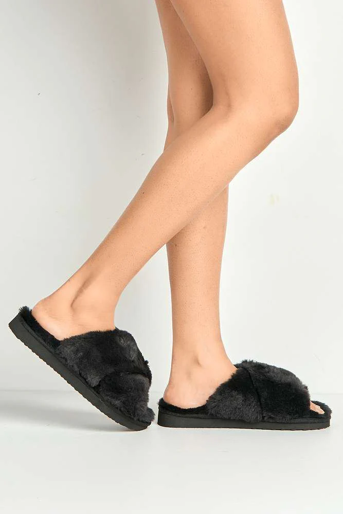 Wren Fluffy Crossover Strap Slippers in Black - Image 3