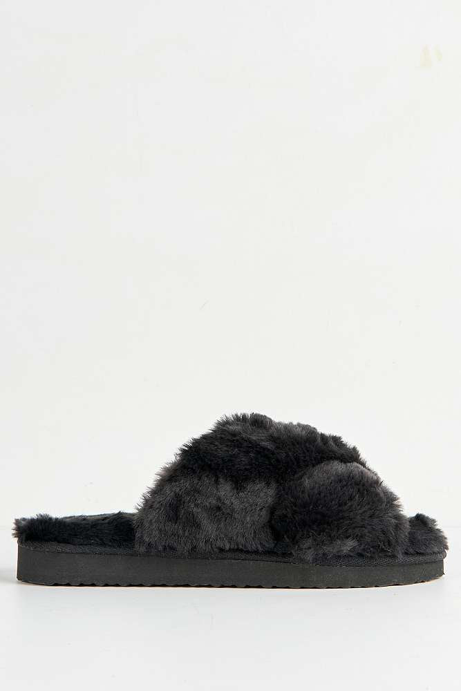 Wren Fluffy Crossover Strap Slippers in Black - Image 6