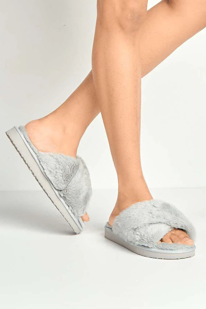 Wren Fluffy Crossover Strap Slippers in Grey