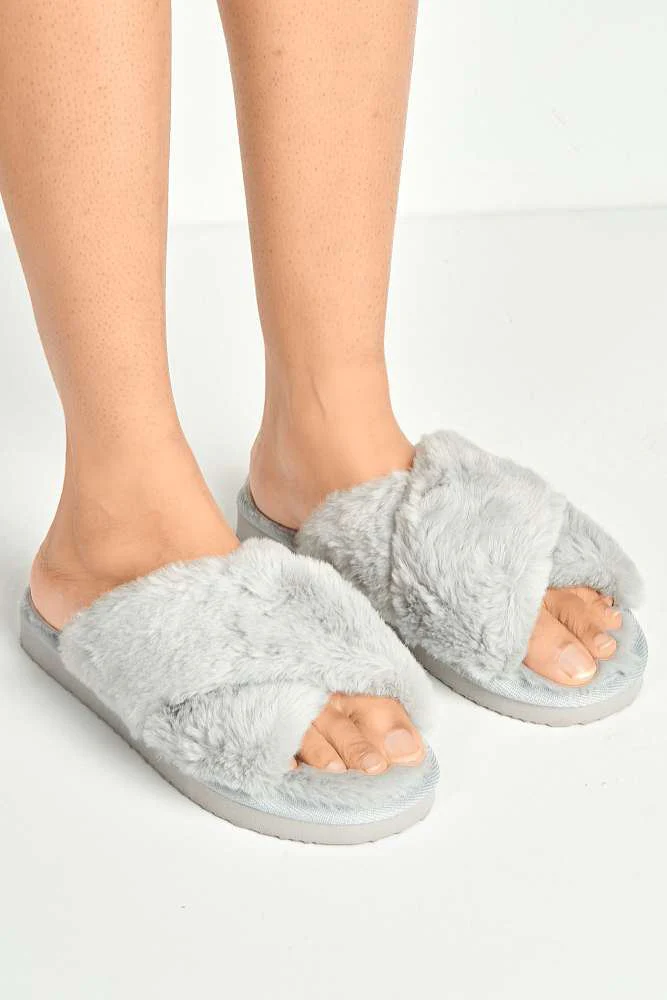 Wren Fluffy Crossover Strap Slippers in Grey - Image 2