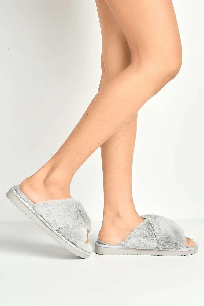 Wren Fluffy Crossover Strap Slippers in Grey - Image 3