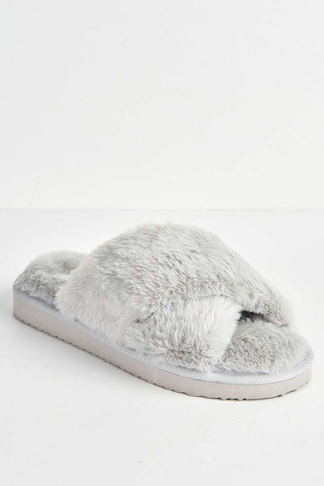Wren Fluffy Crossover Strap Slippers in Grey - Image 4