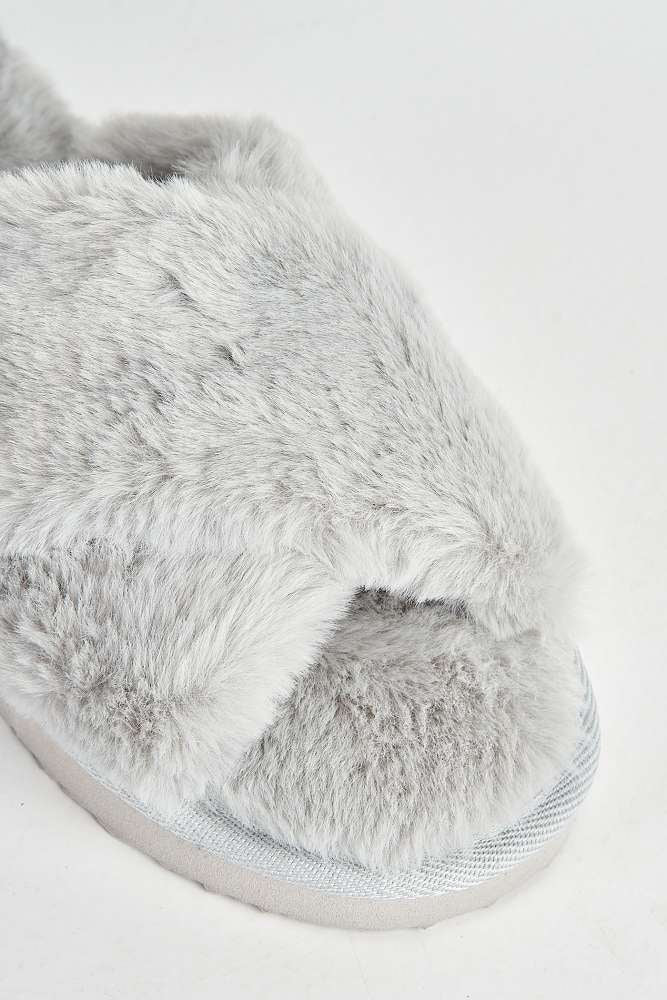 Wren Fluffy Crossover Strap Slippers in Grey - Image 5