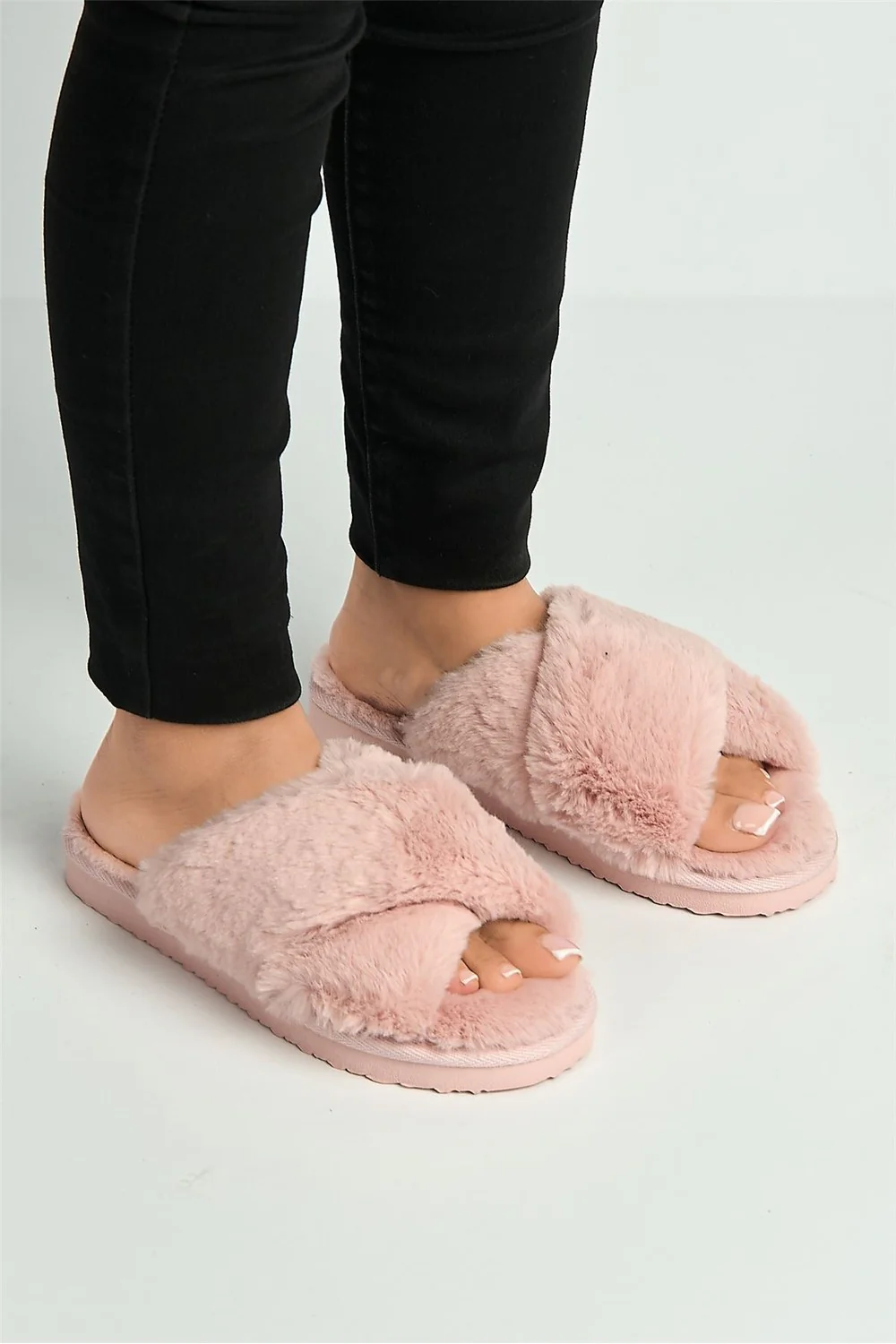 Wren Fluffy Crossover Strap Slippers in Pink