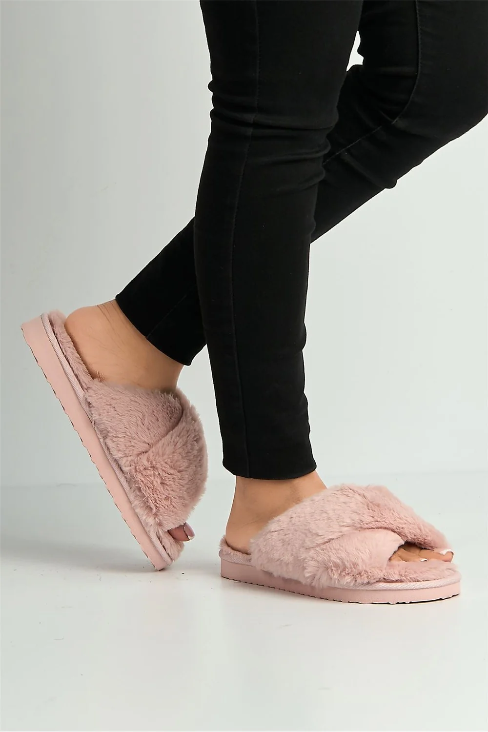 Wren Fluffy Crossover Strap Slippers in Pink - Image 2