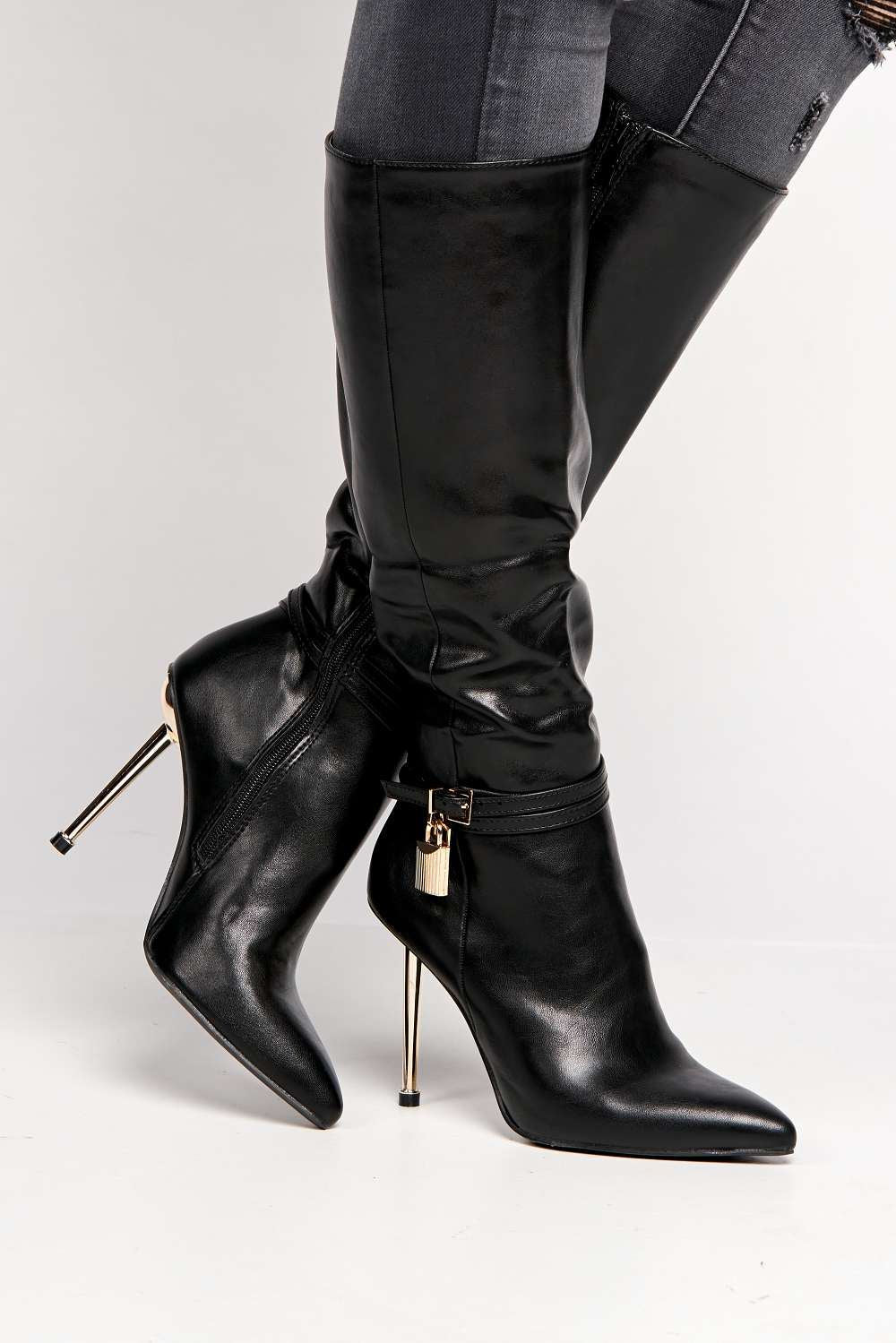 Xyrella Pointed Toe Heeled Knee High Boots in Black - Image 3