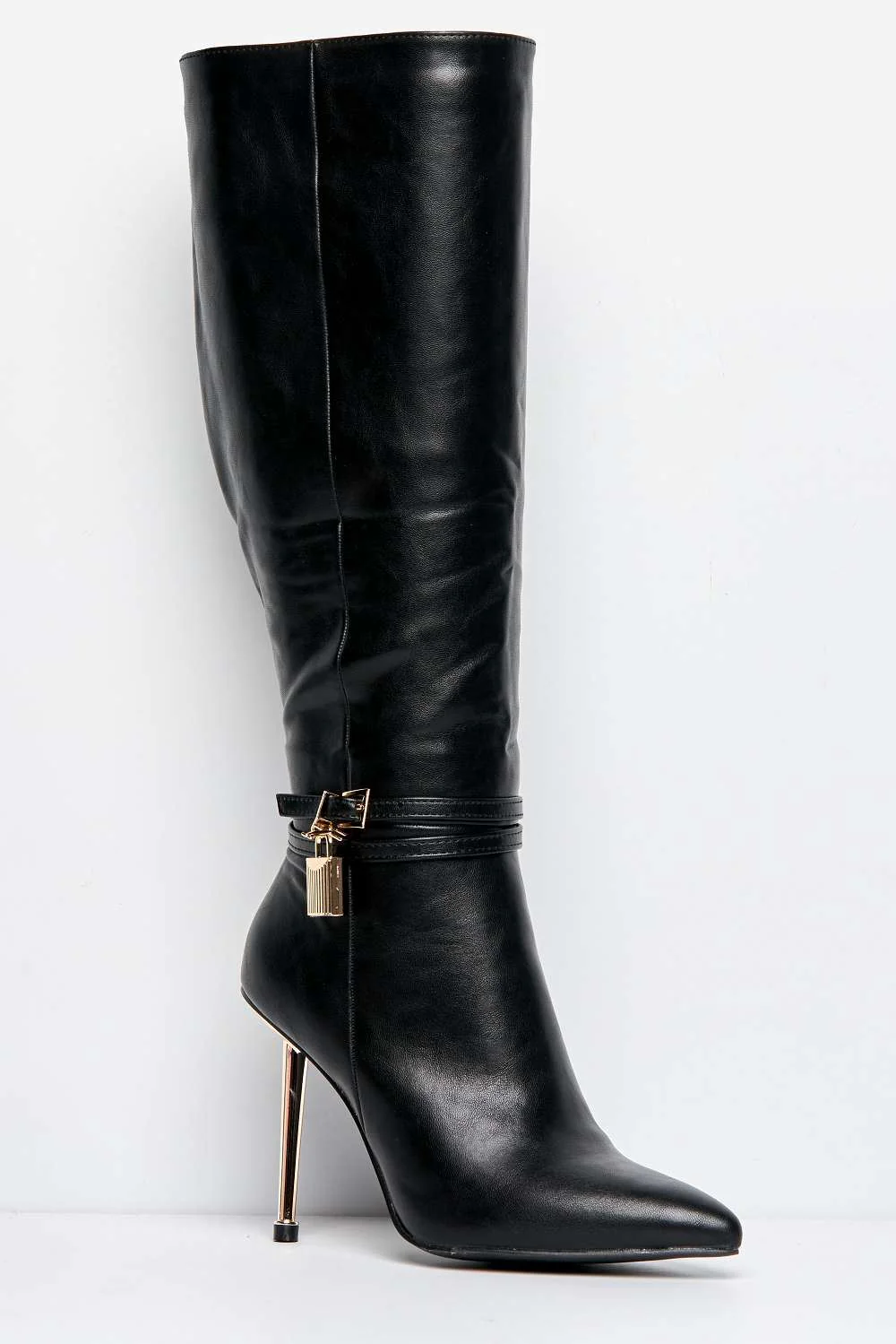 Xyrella Pointed Toe Heeled Knee High Boots in Black - Image 4