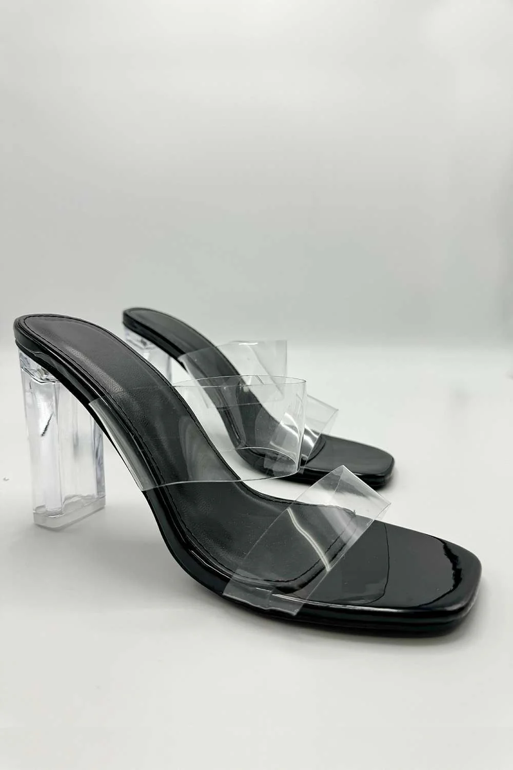 Yara Perspex Band Block Heel Mules in Black - Image 3