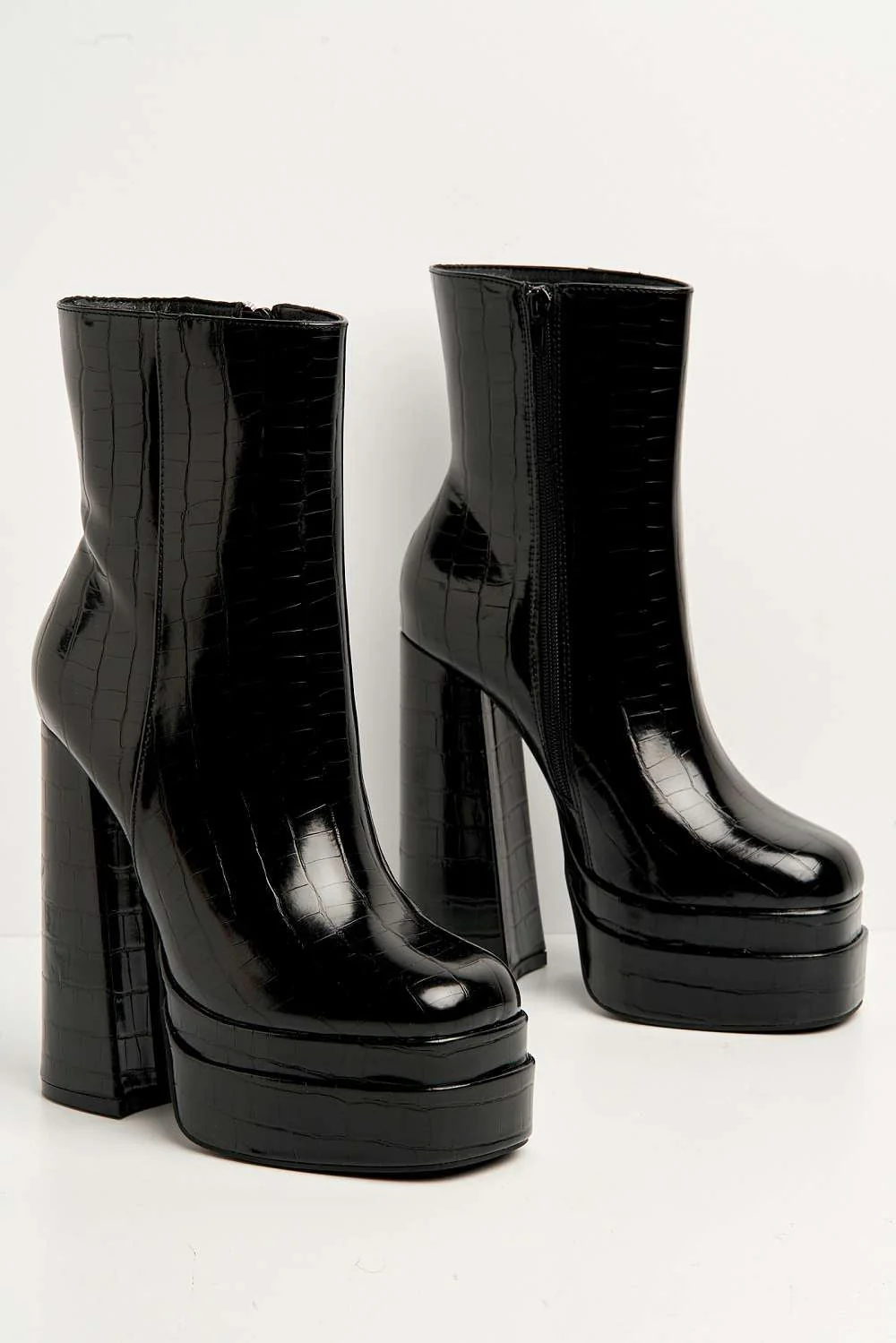 Yolanda Chunky Block Heel Platform Heeled Ankle Boots in Black Croc - Image 6