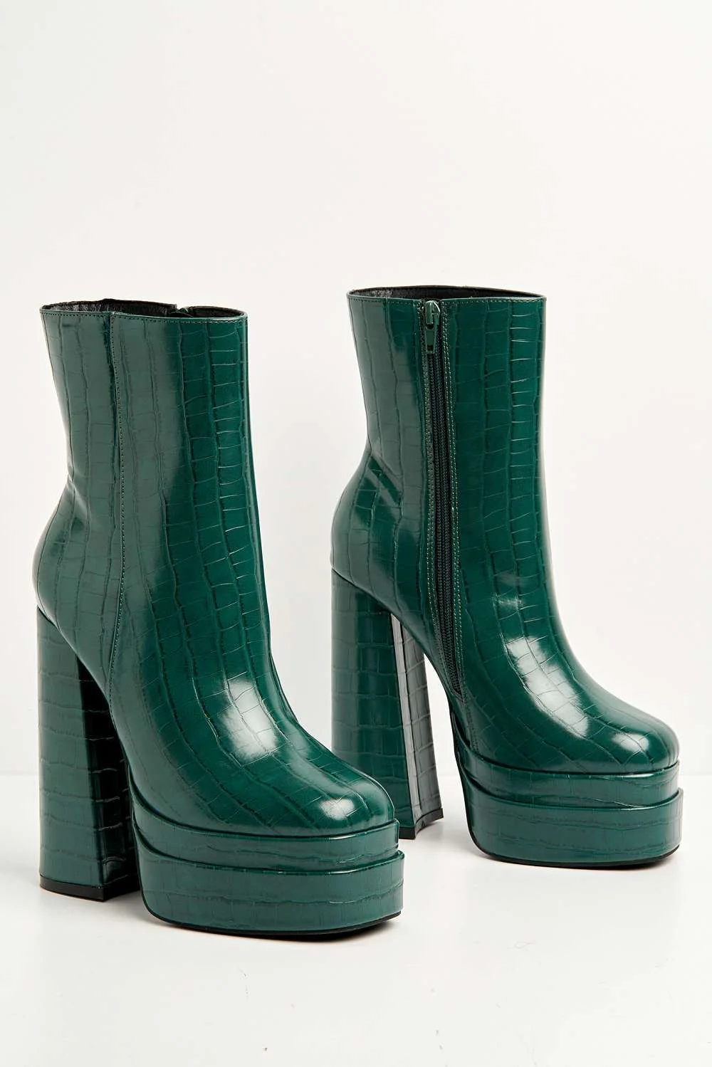 Yolanda Chunky Block Heel Platform Heeled Ankle Boots in Green Croc - Image 6